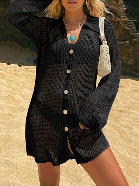 Black Button-Front Crochet Cover-Up Dress